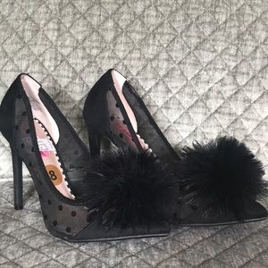 BETSEY JOHNSON Sheer Polka Dot Mesh Pom Heels